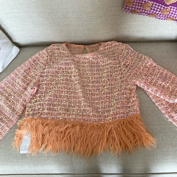 Sequined Pink/ Melon NEW faux feathered long sleeve crop top size large - Picture 1 of 6